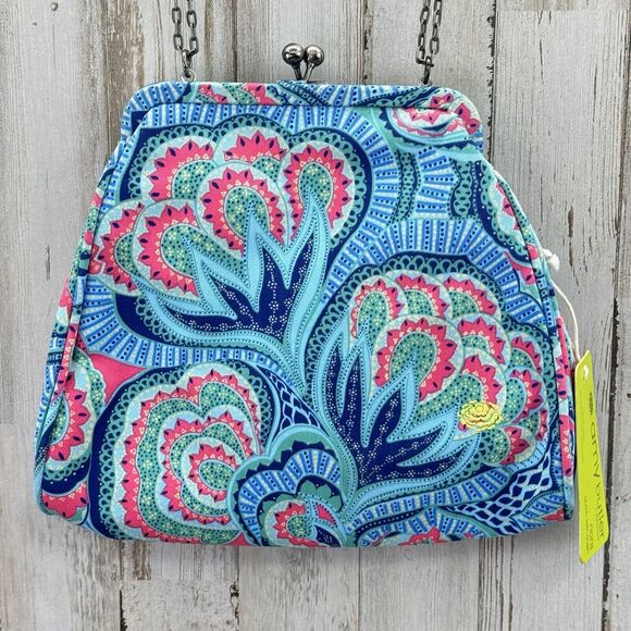 New Amy Butler Nora Clutch With Chain Oasis Azure Tropical Kiss Lock Closure - Picture 13 of 16